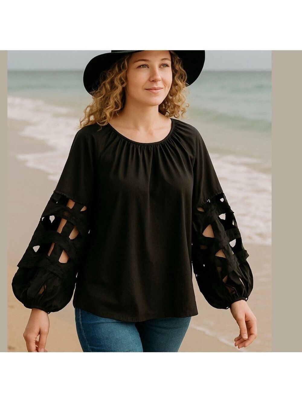 NWT JONES NY BLACK COTTON BALLOON LONG SLEEVES W CUT-OUTS RELAX FIT BLOUSE SZ 3X